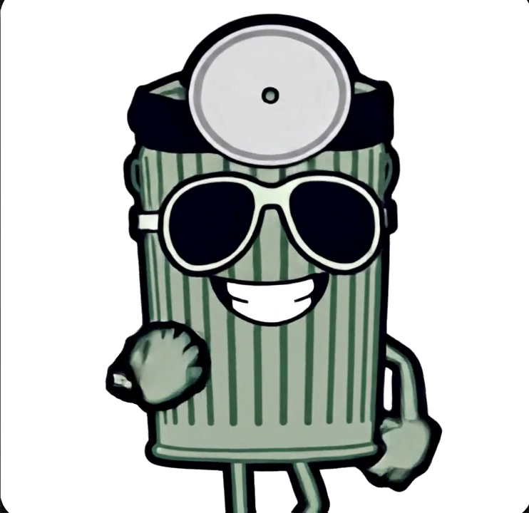 Dr Clutter mascot — a trash can wearing a doctor's head mirror and sunglasses